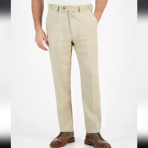 NAUTICA Men's Modern-Fit Ceylon Linen Solid Tan Khaki Dress Pants